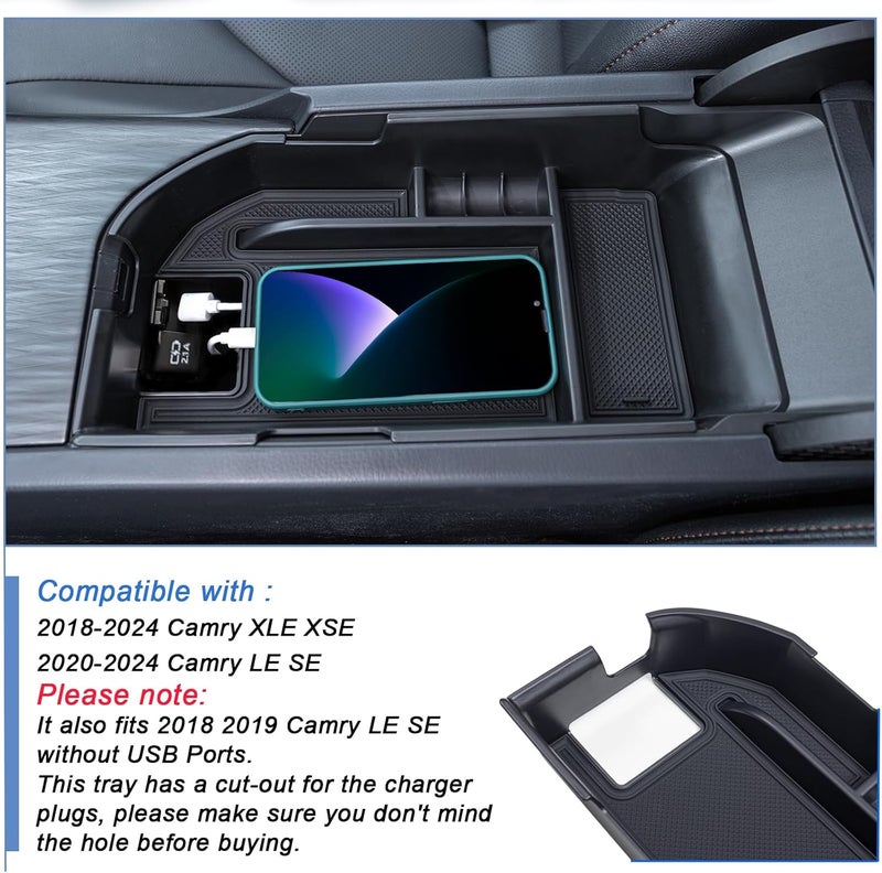 TOPINSTALL Center Console Tray Compatible with 2018-2024 Toyota Camry XLE XSE and 2020-2024 Camry LE SE with Dual USB Ports, Interior Accessories Armrest Console Organizer (Not for 2025) - Image 4